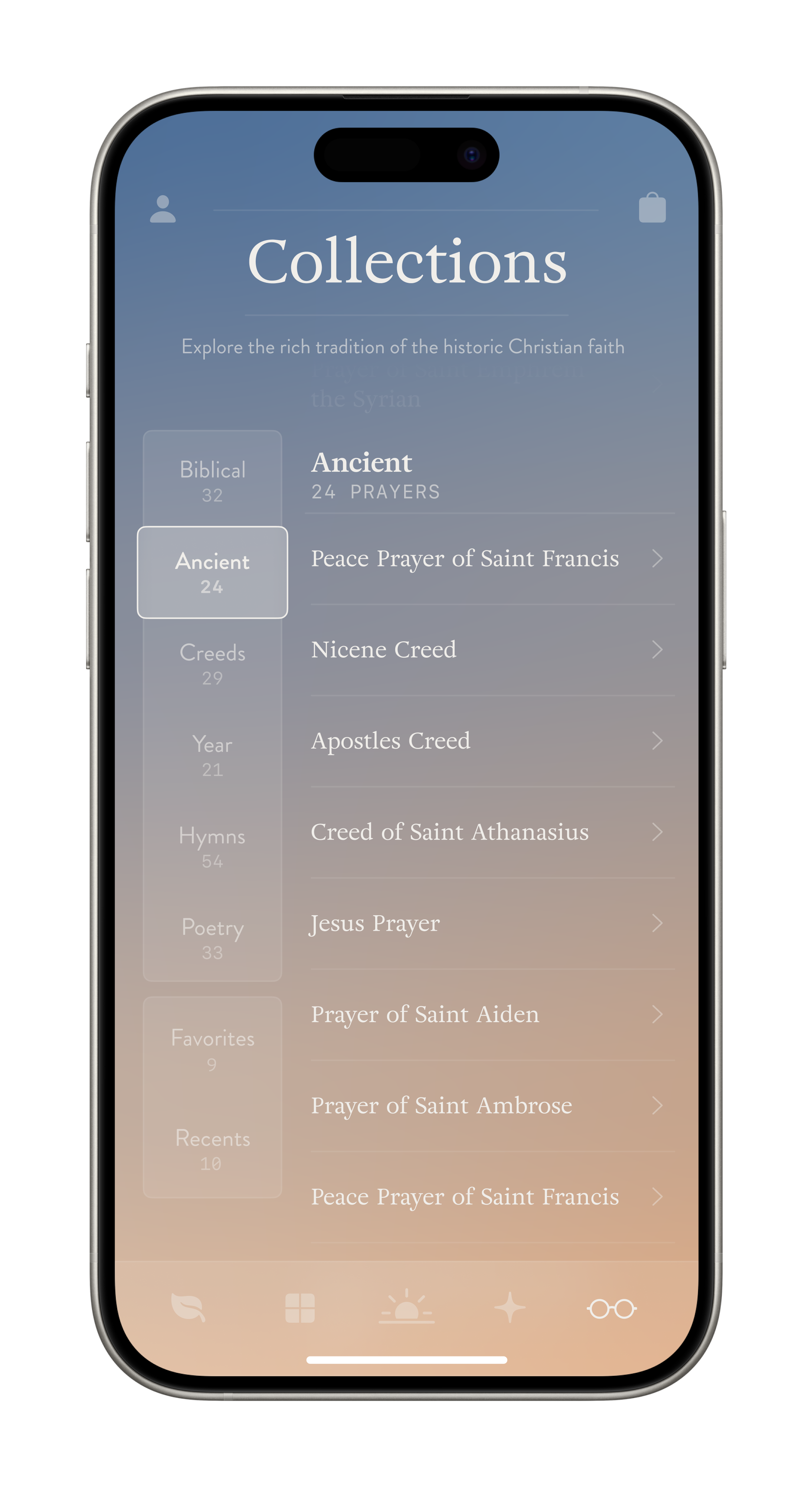 Prayer player interface with options, dial, and controls