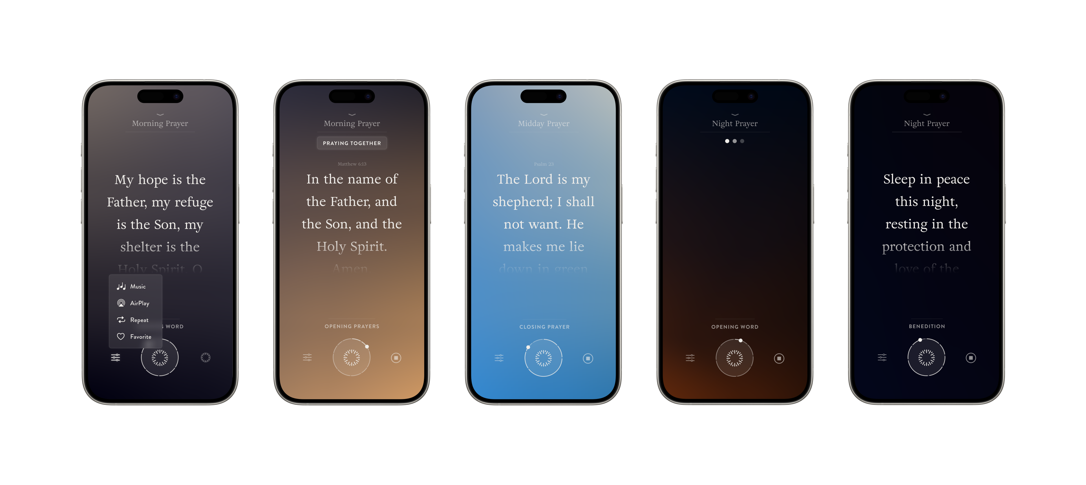 Prayer player interface with options, dial, and controls